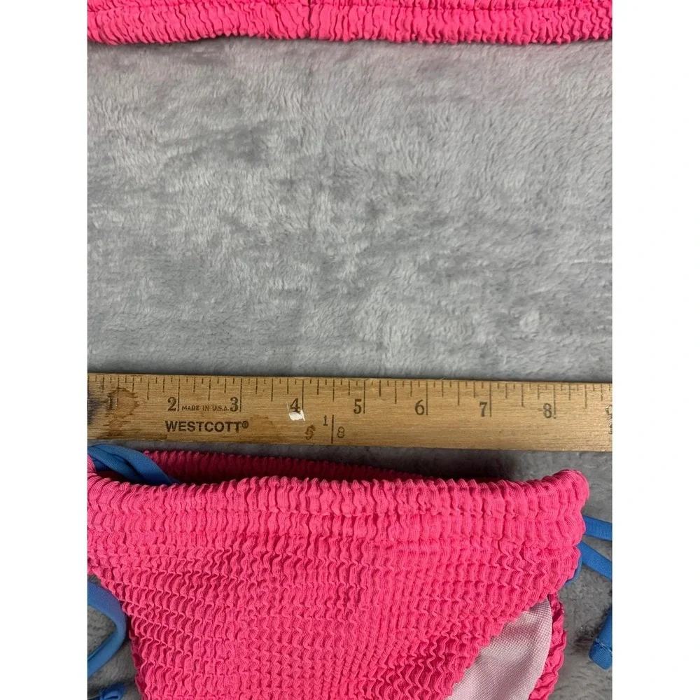Pink Smocked Popcorn Bikini Set Womens Size S Blue Contrast Straps Swimsuit